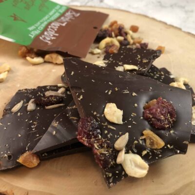 dark chocolate chunks with nuts, seeds and fruit