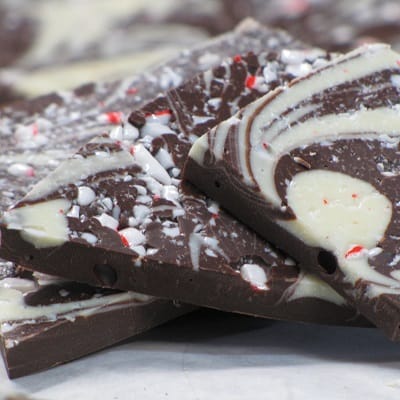 dark chocolate pieces with swirls of white chocolate and peppermint pieces
