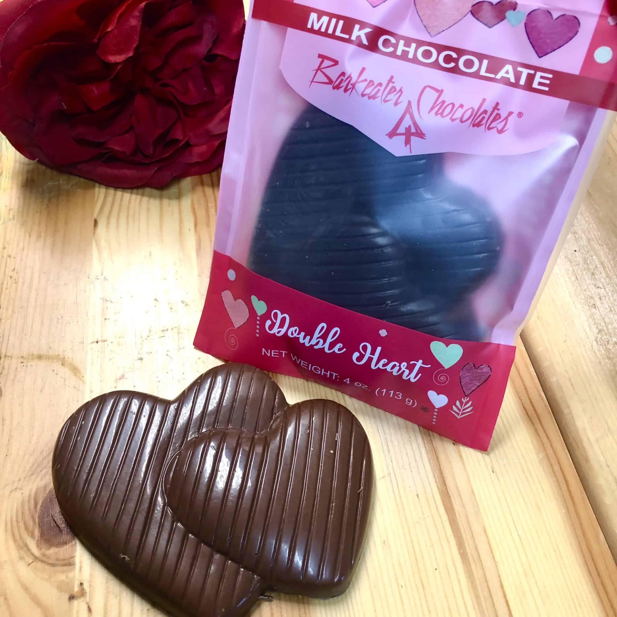 milk chocolate double heart with lines packaged and unpackaged