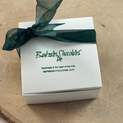 White box, green ribbon, Barkeater Chocolates logo