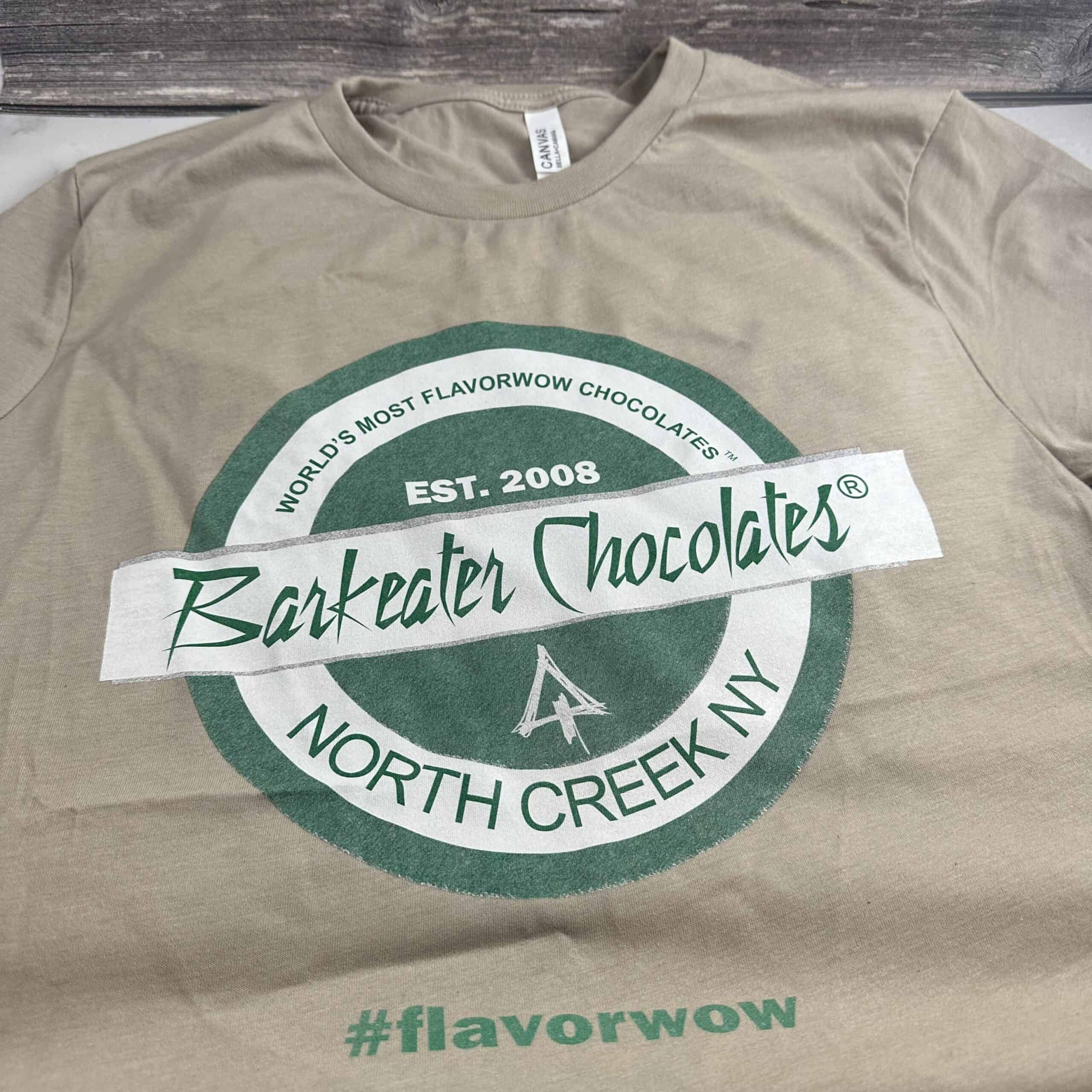 Tan tee shirt with Barkeater Chocolates Logo